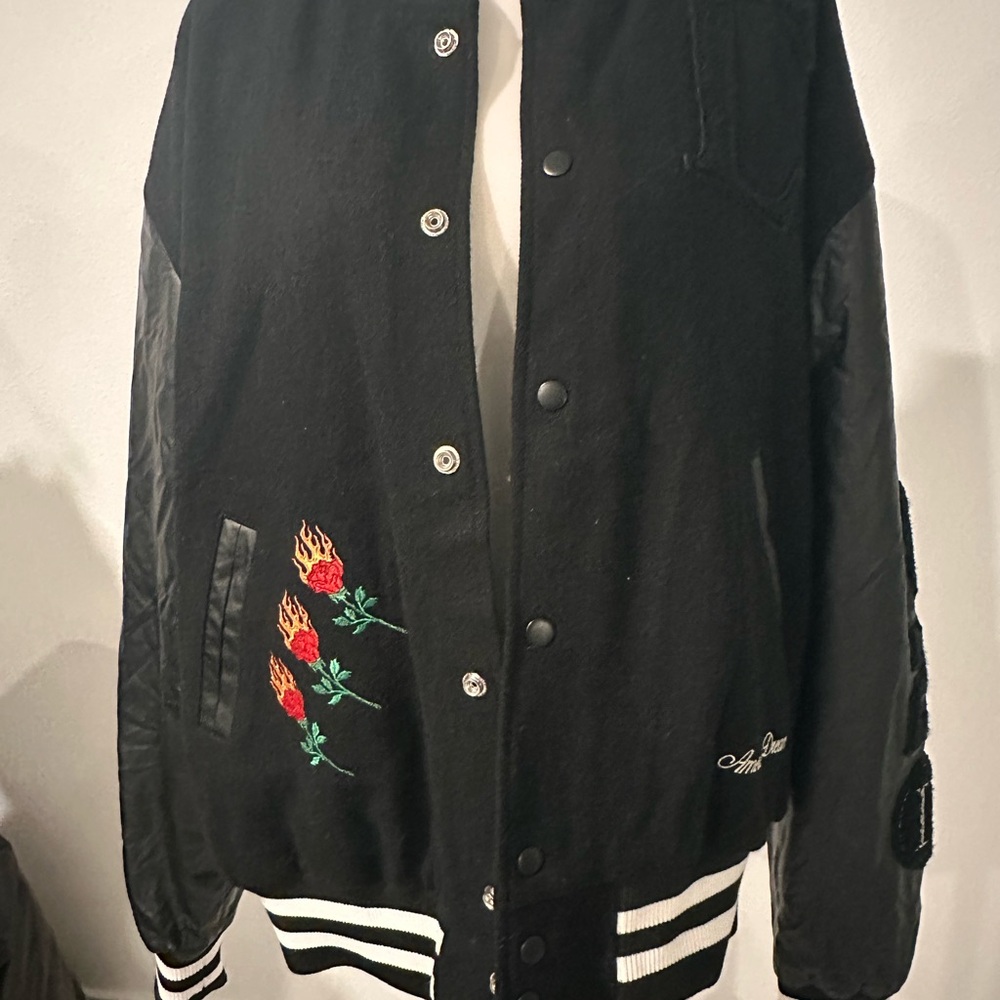 Civil Regime Black Varsity Jacket with Rose Embroidery Size L NWOT